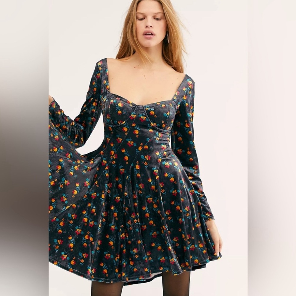 Free People Regina Floral Velvet Bustier Dress Small Long Sleeve - Picture 2 of 10